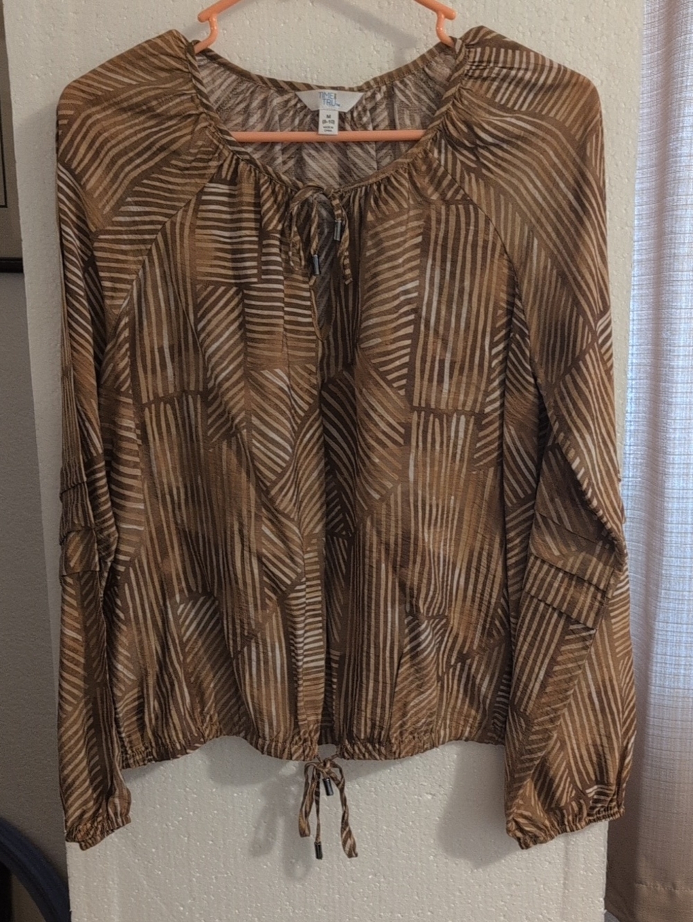 Time and Tru Brown Patterned Tie-Neck Long Sleeve Tunic